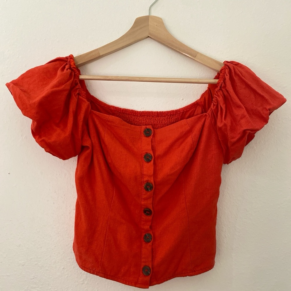 Red Puff Sleeve Ruffled Blouse